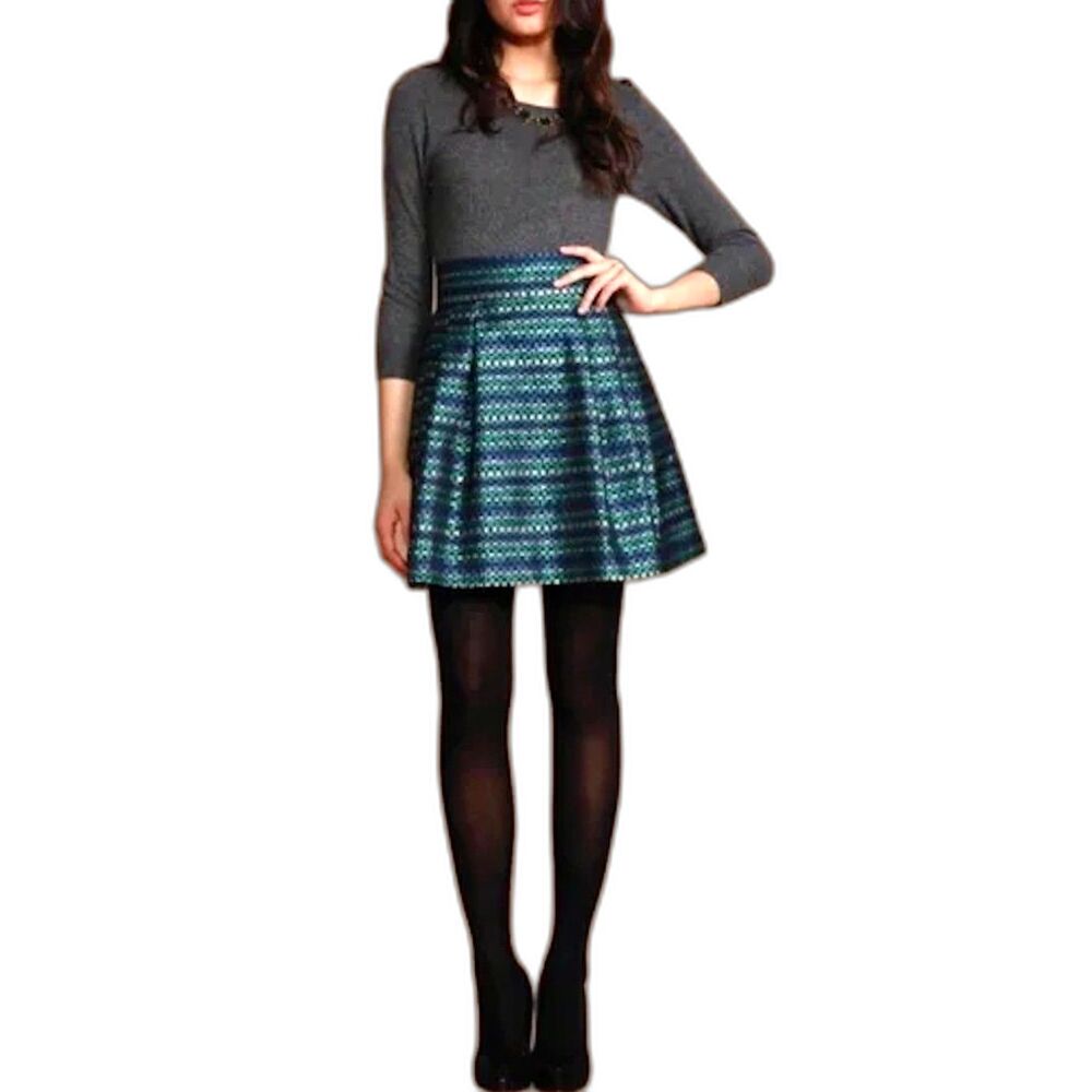 SHOSHANNA "Ryannn" Minni Skirt: Metallic Blue Green Black Woven Full Skirt Sz0/2